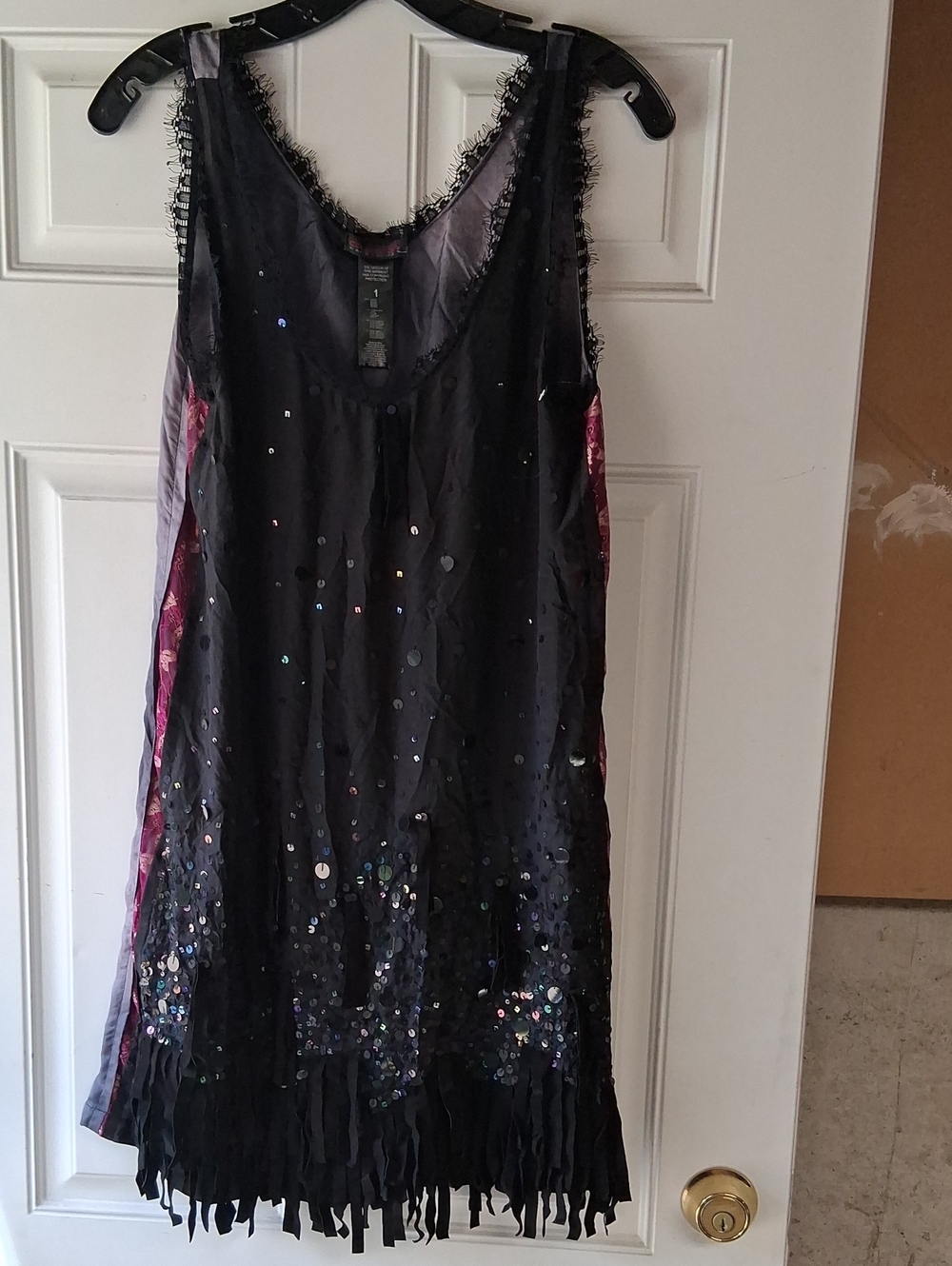 Custo Barcelona Black Sequin Fringe Dress with Pink Side Panels